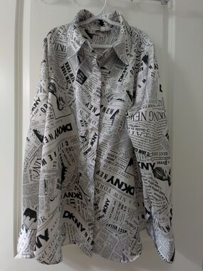 DKNY Black & White Newspaper-Print Button Down Shirt